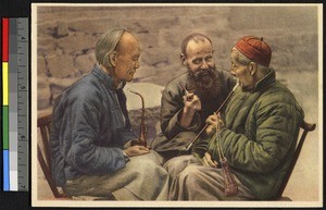 Friends smoking with pipes, China, ca.1920-1940