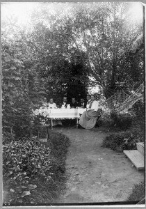 Group of Europeans having coffee, Arusha, Tanzania, 1910