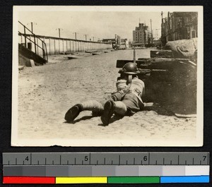 Chinese soldier defending a railway station, Shanghai, Shanghai Shi, China, 1937