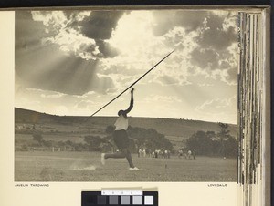 Throwing the javelin, Lovedale, South Africa, ca.1938