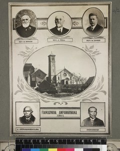 Montage print of Ampamarinana church and personnel, ca. 1920