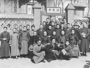 Poul Hedemann Baagøe and volunteers ("leisuretime" workers) outside the church in Dalian (Daire