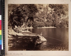 View of men at lake side, Nynee Tal, India, ca. 1880-1890