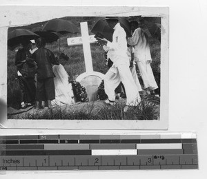 Maryknoll priests at a grave at Xinhui, China, 1936