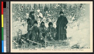 Missionary fathers gathering for a meal in a forest, Canada, ca.1920-1940