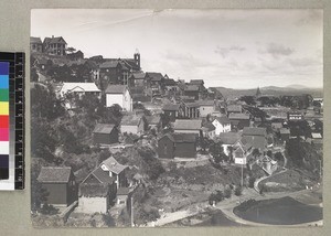 View of town showing Norwegian Mission church, Ambatovinaky, Madagascar, ca. 1910