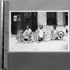 Making skeins of yarn at Harwood Bible Training School, Fenyang, Shanxi, China, ca.1936-37