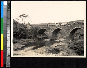 Early automobile on bridge, Sichuan China, ca.1900-1920