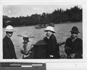 Two Maryknoll priests on a river ferry at Jiangmen, China, 1920