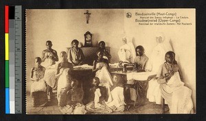 Women sitting indoors sewing clothing, Congo, ca.1920-1940