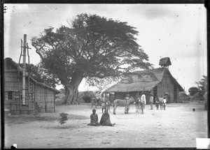 African people in front of buildings with thatched roofs, Mozambique