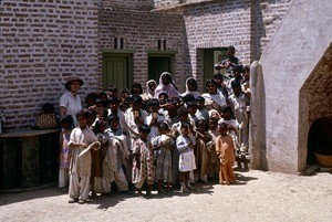 Pakistan, NWFP. Missionary and School Principal Gurli Fischer with her pupils at Mardan Mission