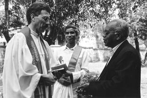 Jeypore, Orissa, India, 1986. From right to left: Bishop Jacob Nag - Dean in Jeypore and Princi