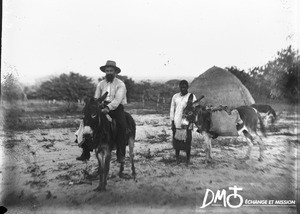 Swiss missionary on a donkey, Antioka, Mozambique, ca. 1901-1915