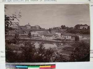 Hotel with the Ranomafana bath in foreground, Antsirabe, Madagascar, ca.1925