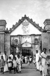 Entrance to te new Jerusalem church. The congregation leaves the church after the worship