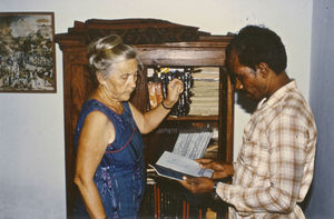 Gunupur, Orissa India. Jeypore Evg. Lutheran Church. DMS Missionary Kæthe Andersen selling Bibl