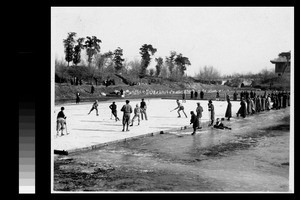 Playing ice hockey at Yenching University, Beijing, China, January, 1929