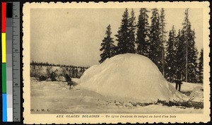 Man standing outside an igloo, Canada, ca.1920-1940