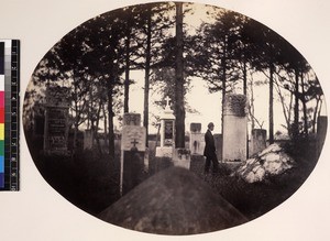 View of man in Russian cemetery, Beijing, China, ca. 1861-1864