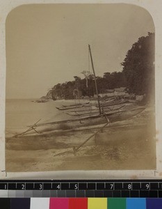 View of shore with canoes, Madagascar, ca. 1865-1885