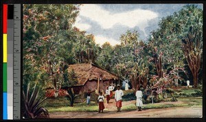 People standing before thatch-roofed house amid clove trees, Tanzania, ca.1920-1940