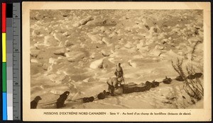 Men and dog sleds traveling over broken ice, Canada, ca.1920-1940