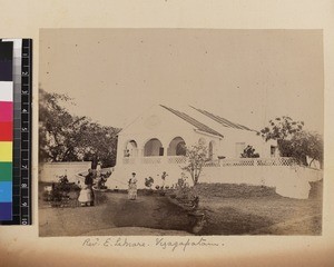 Missionary with family outside mission house, Vishakhatapnam, India , ca.1885-1887