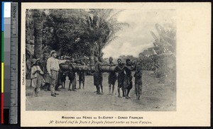European man directs young men carrying a tree, Pangala, Congo Republic, ca.1900-1930