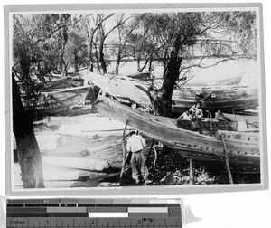 Men working in boatyard, Korea, ca. 1920-1940