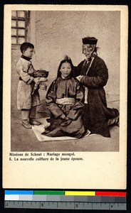 Hair is styled for the wedding, Mongolia, China, ca.1920-1940