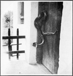 Boa constrictor at a door handle, Gonja, Tanzania, ca.1927-1938