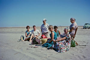 DMS missionaries from Aden, The Middle East on a picnic to the beach. From right to left: Karen