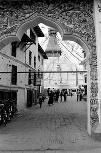 Kathmandu, Nepal 1988. Entrance to the Boudhanath Stupa