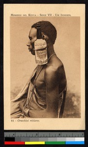 Man wearing whiskey bottle through his earlobe, Kenya, ca.1920-1940