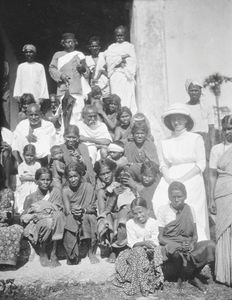 Tirukoilur, Arcot, South India. The DMS Missionary, Nurse Agathe Poulsen (right) with patients