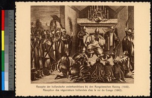 Drawing of a local king receiving Western envoys, Congo, ca.1920-1940