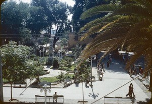 Plaza with totem pole