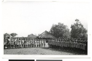 Performance of schoolchildren at the coronation celebration, Ramotswa, Botswana, 1937