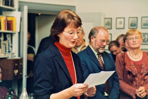 Jørgen Nørgaard Pedersen's farewell reception, September 2002. Eva Madsen is giving a speech