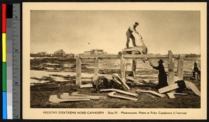 Missionary fathers working a whipsaw, Canada, ca.1920-1940