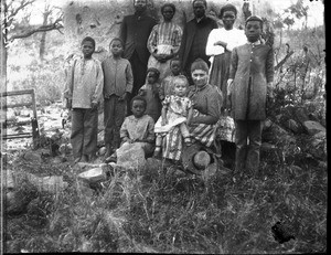 Missionary's wife and African people, Mhinga, South Africa, ca. 1892-1901