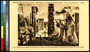 Exhibit at Colonial Exposition showing missionary received by the king of Benin, 1931