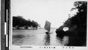 Sailboat by a rock formation, Matsushima, Japan, ca. 1920-1940