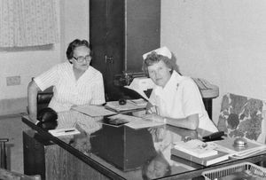 Dhaka, Bangladesh 1980. Missionaries of Danish Santal Mission, Dr. Else Høilund (left) and nurs