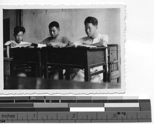 Three catechist school students, Meixien, China, 1936