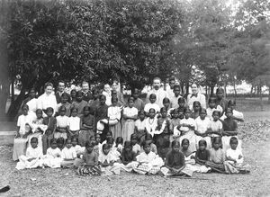 Siloam Girl's Boarding School, Arcot, South India. A Garden Party.(Missionaries on image: Anna