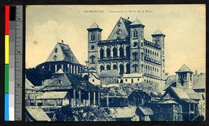 Stone palace rising amid wooden houses, Madagascar, ca.1920-1940