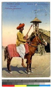 Man on a horse with a stringed instrument, Khandwa, India, ca.1920-1940