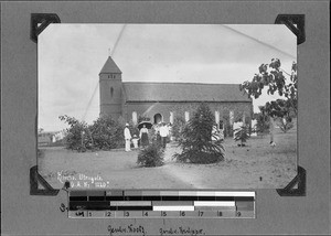 Missionaries Kootz and Kruppa in front of the church, Utengule, Tanzania, ca.1898-1918